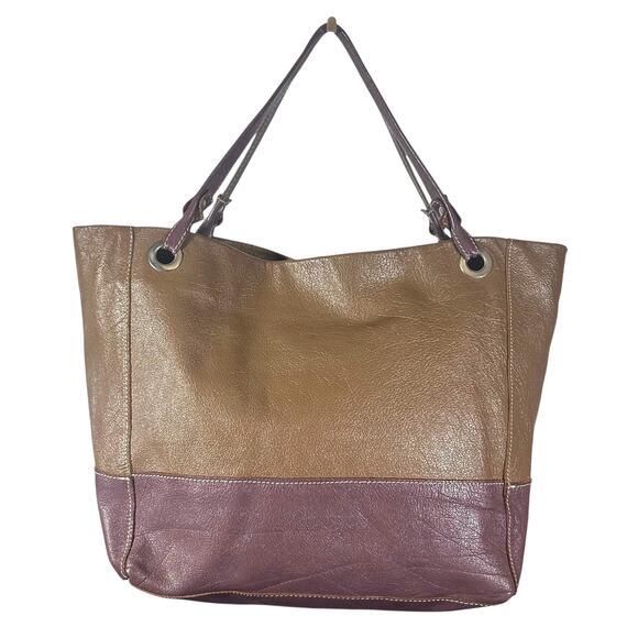Handmade Leather Tote Bag – Brown & Plum Colorblock Shoulder Purse Boho Chic - Picture 1 of 13
